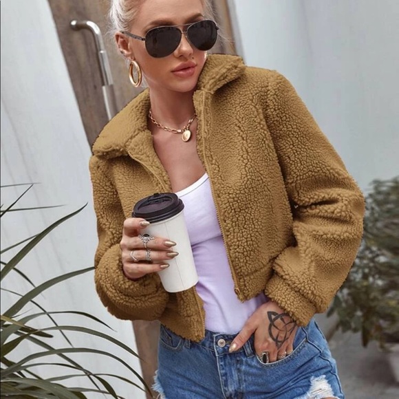 Jackets & Blazers - Teddy Coat Shearling Zip Up Collared Jacket Tan